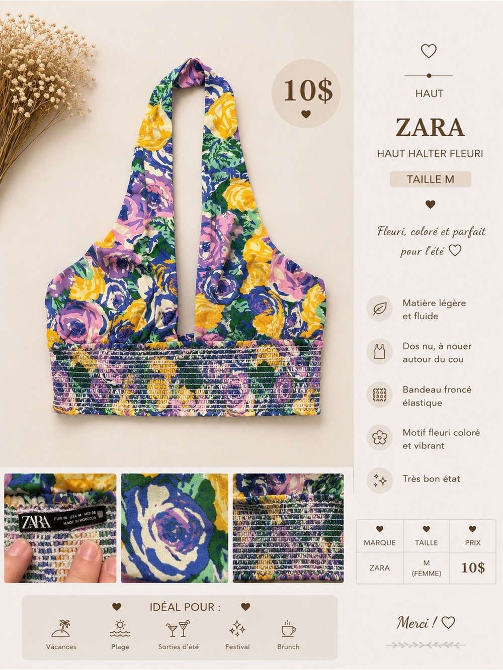 ZARA Floral Halter Crop Top in Blue, Yellow & Purple